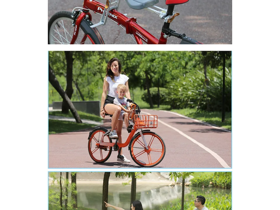 A red bicycle with the child seat installed.