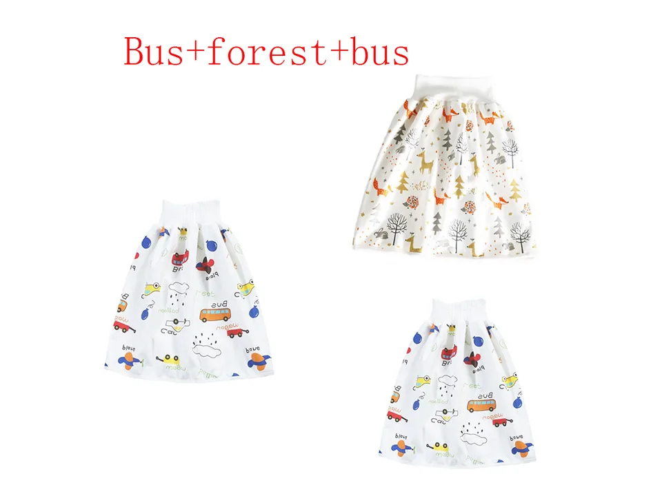 Three baby diaper skirts with bus and forest patterns.