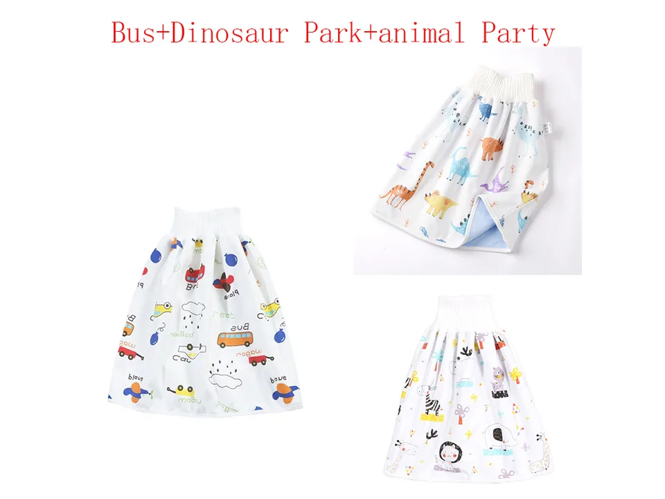 Three baby diaper skirts with bus, dinosaur, and animal party patterns.