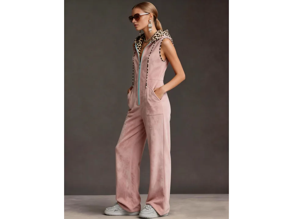 Full-body side view of a model wearing the pink sleeveless hooded jumpsuit.