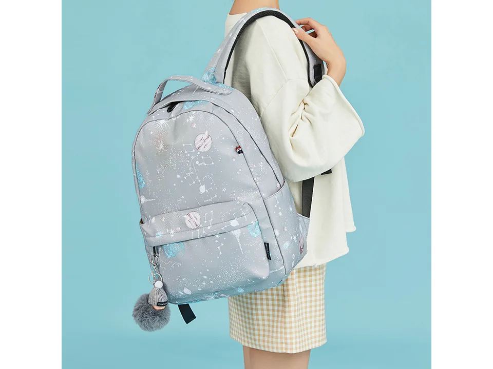 Person wearing the grey galaxy print backpack.