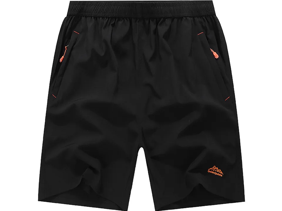Black athletic gym shorts with orange accents.
