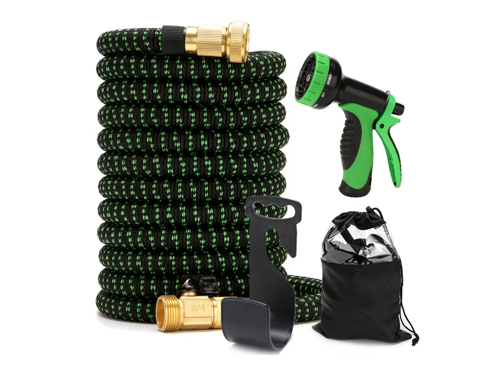 Expandable garden hose, spray nozzle, storage hook, and carrying bag on a white background.