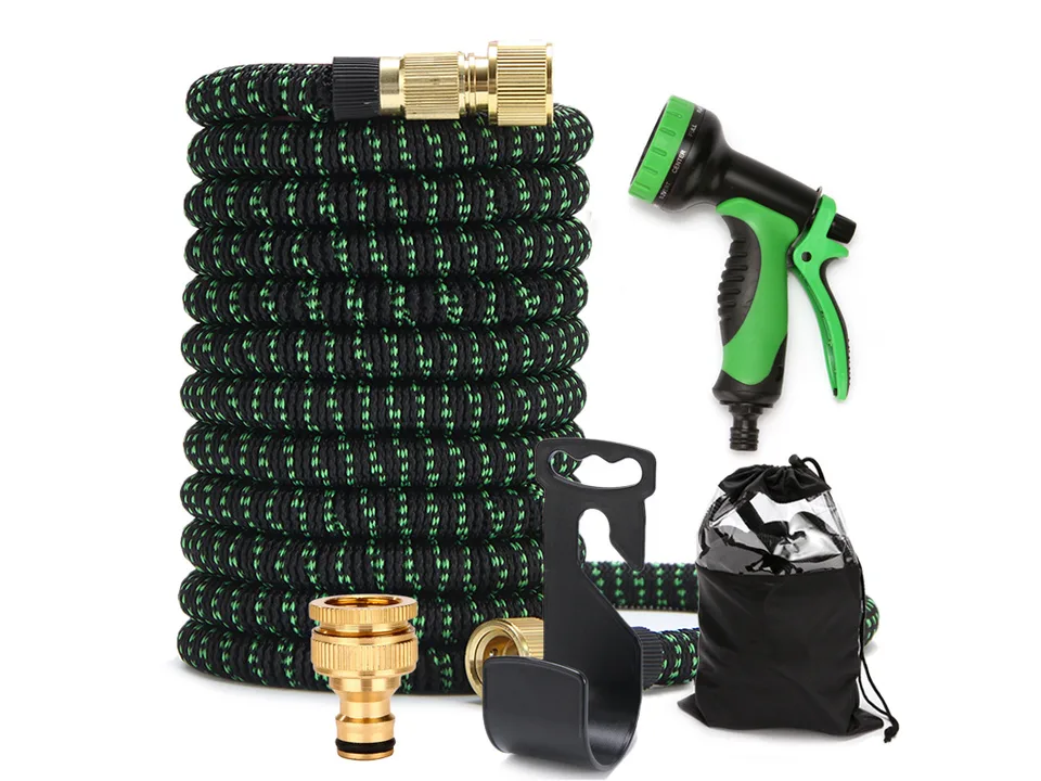 Expandable garden hose, spray nozzle, storage hook, carrying bag, and brass hose connectors.