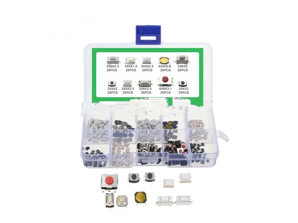 Electronic tactile switch assortment kit in a clear plastic storage box with sample switches in front.