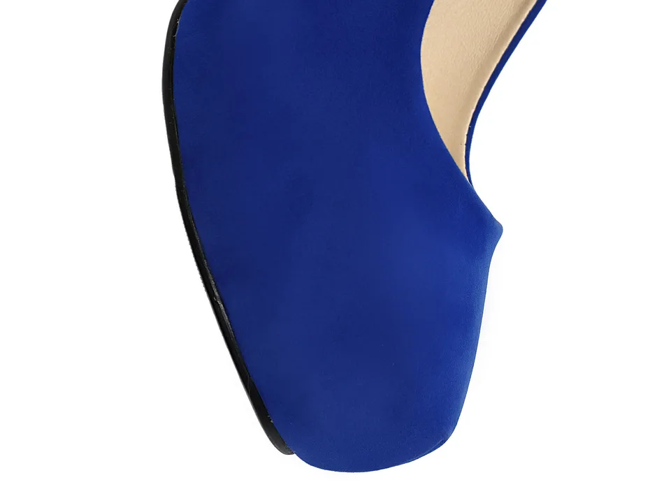 Close-up of the toe area of a blue suede pump.