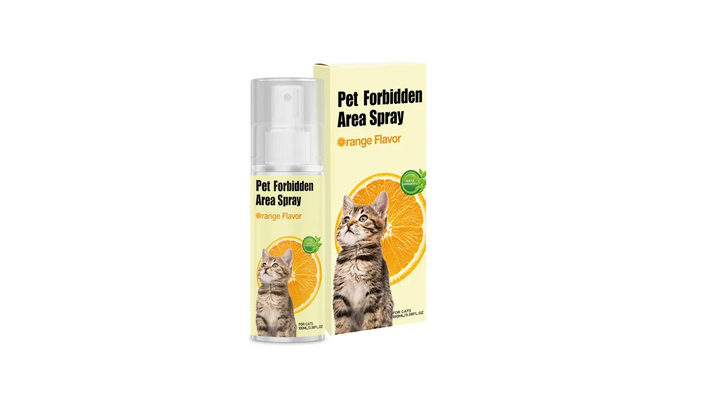 Pet Forbidden Area Spray for cats, orange flavor, 100ml bottle with packaging box.