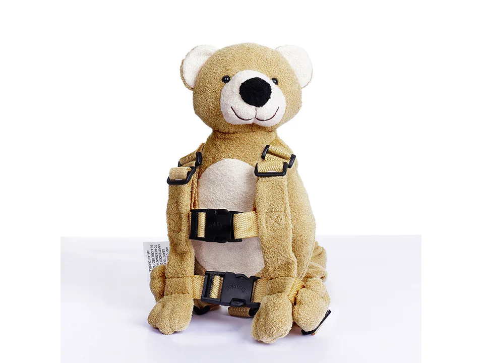 Front view of a plush bear backpack with safety harness straps.