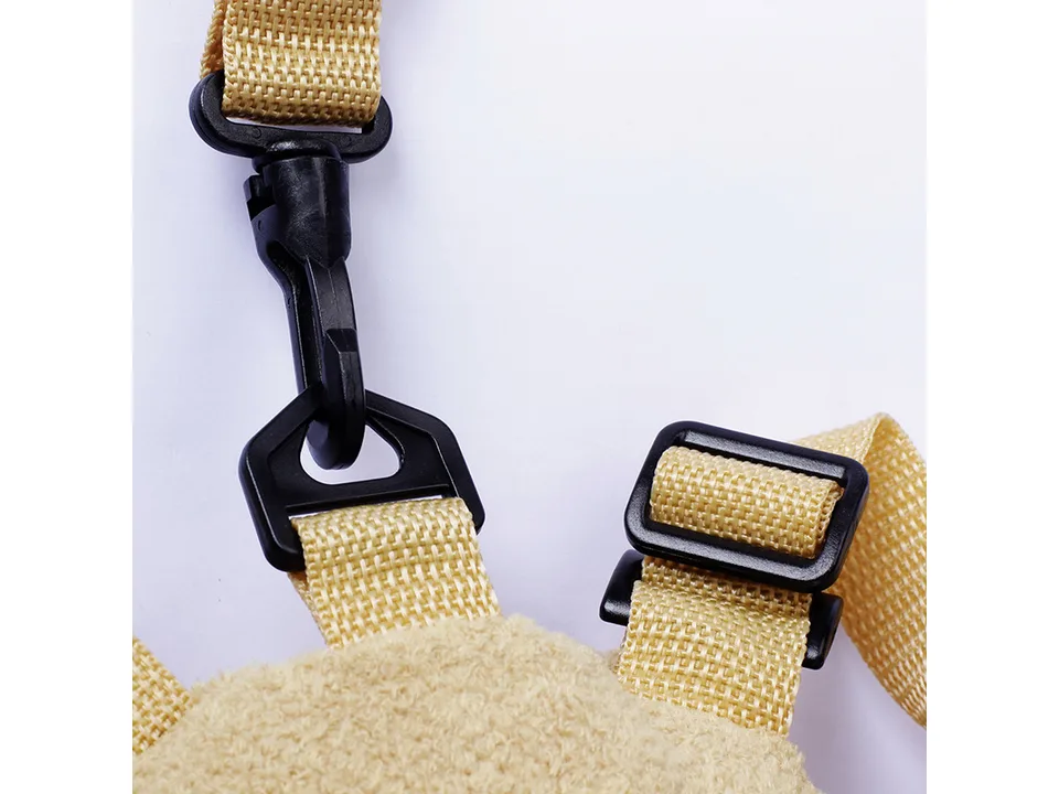 Close-up of the black plastic buckle and strap adjustment hardware.