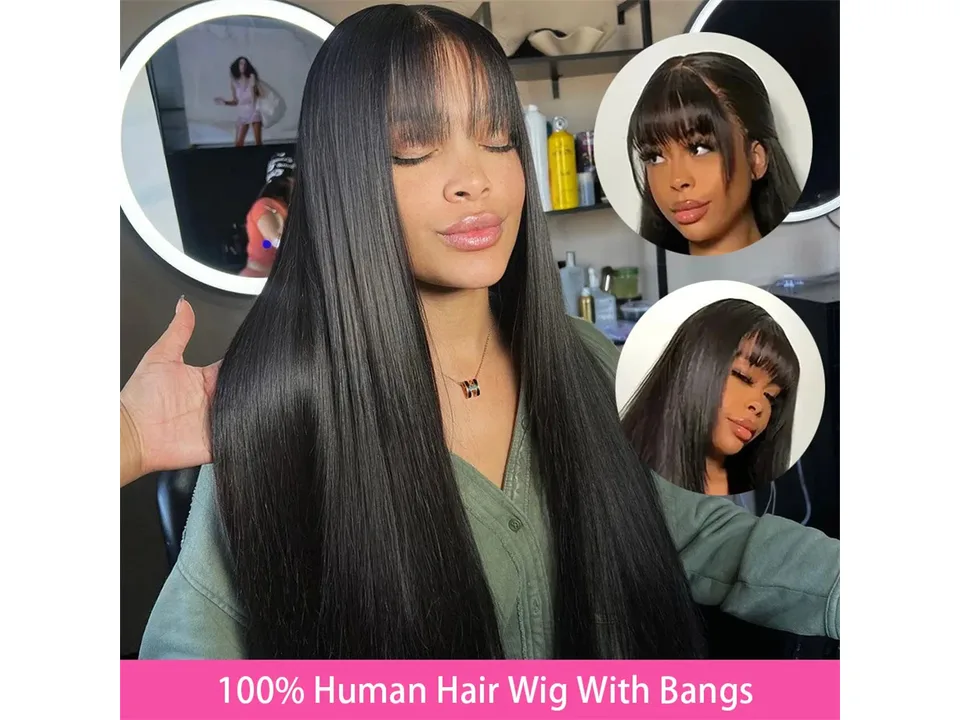 A woman wearing the straight black wig with bangs, with smaller inset photos showing different angles.
