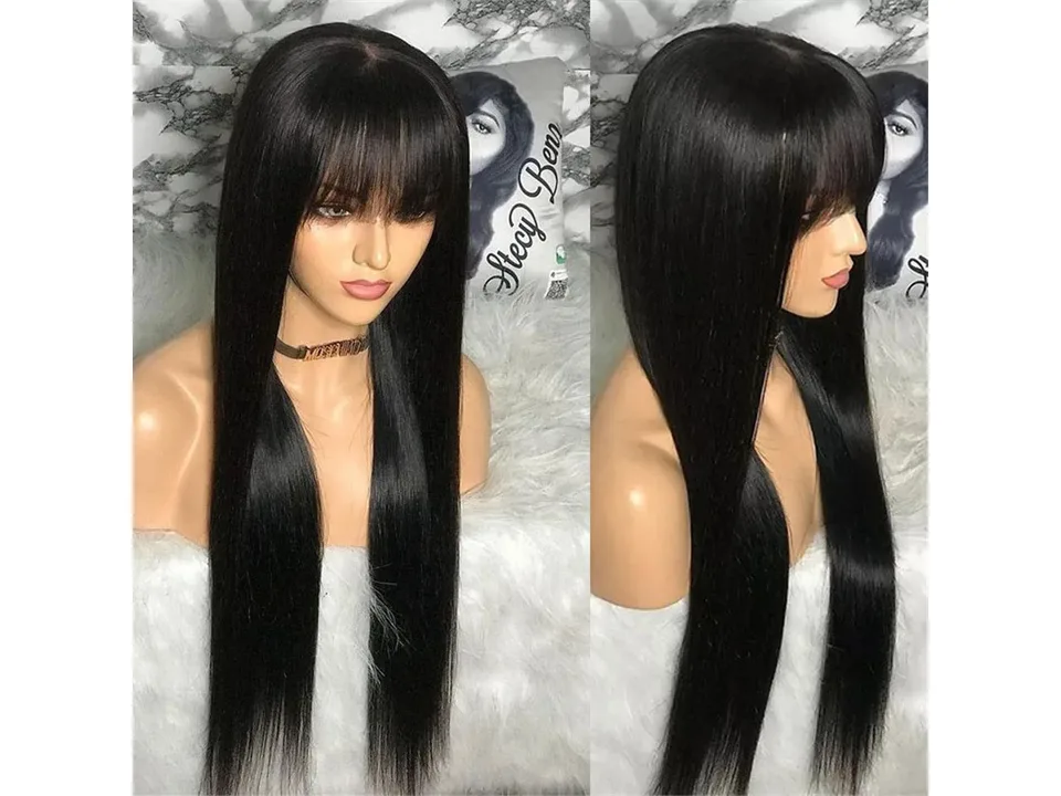 Straight black wig with bangs on a mannequin head, shown from front and side angles.