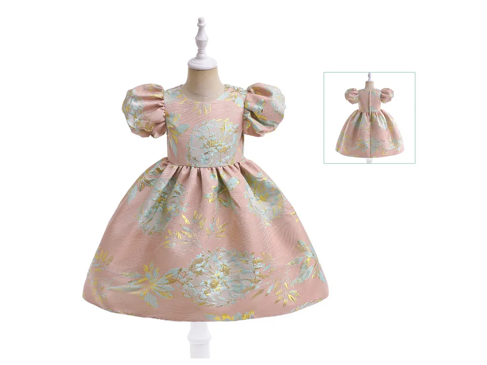 Front view of a pink floral jacquard dress on a mannequin with an inset showing the back.