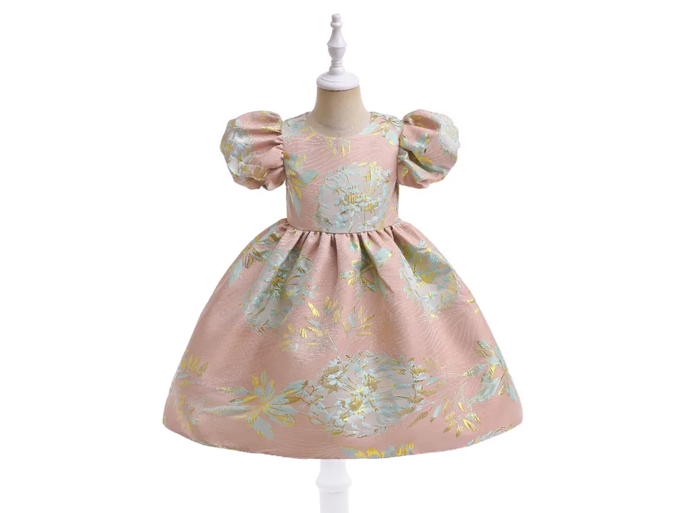 Full view of the pink floral jacquard dress on a mannequin.