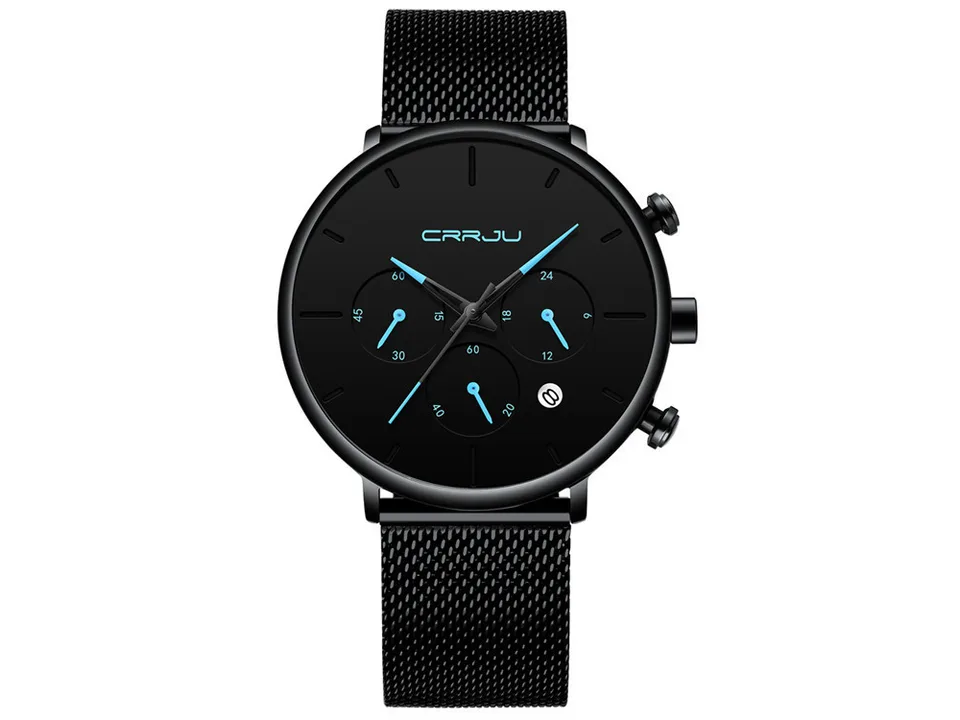 Black analog watch with blue hands and a black mesh strap.