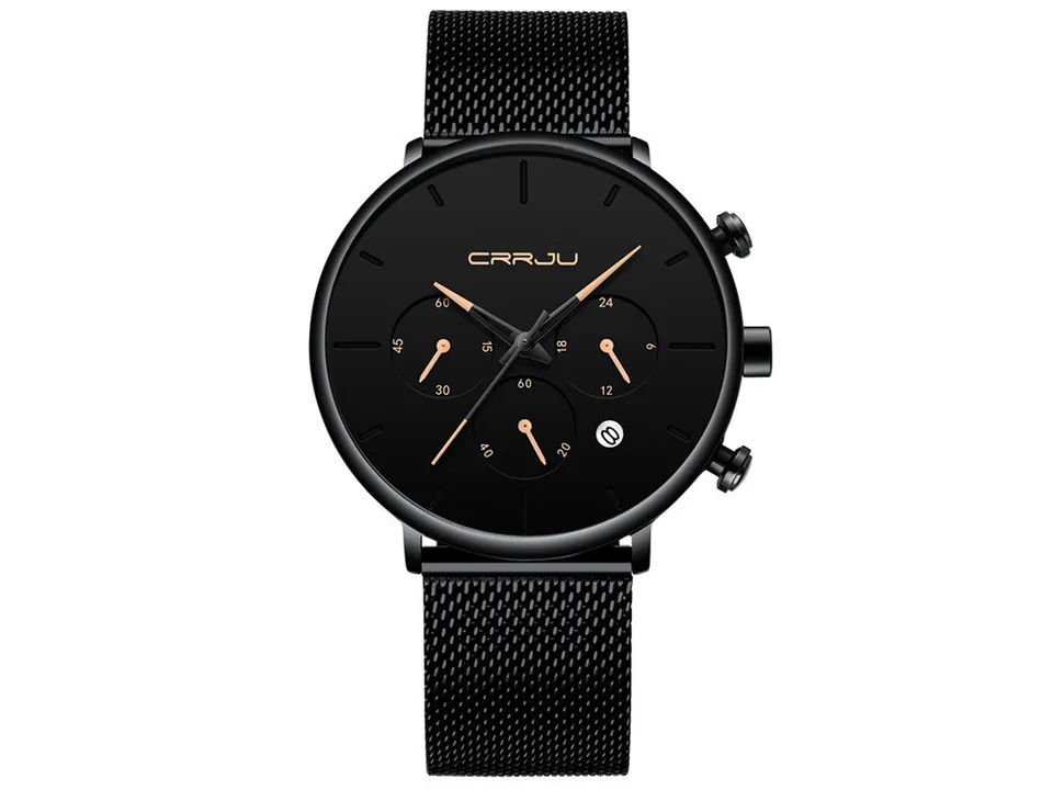 Black analog watch with rose gold hands and a black mesh strap.