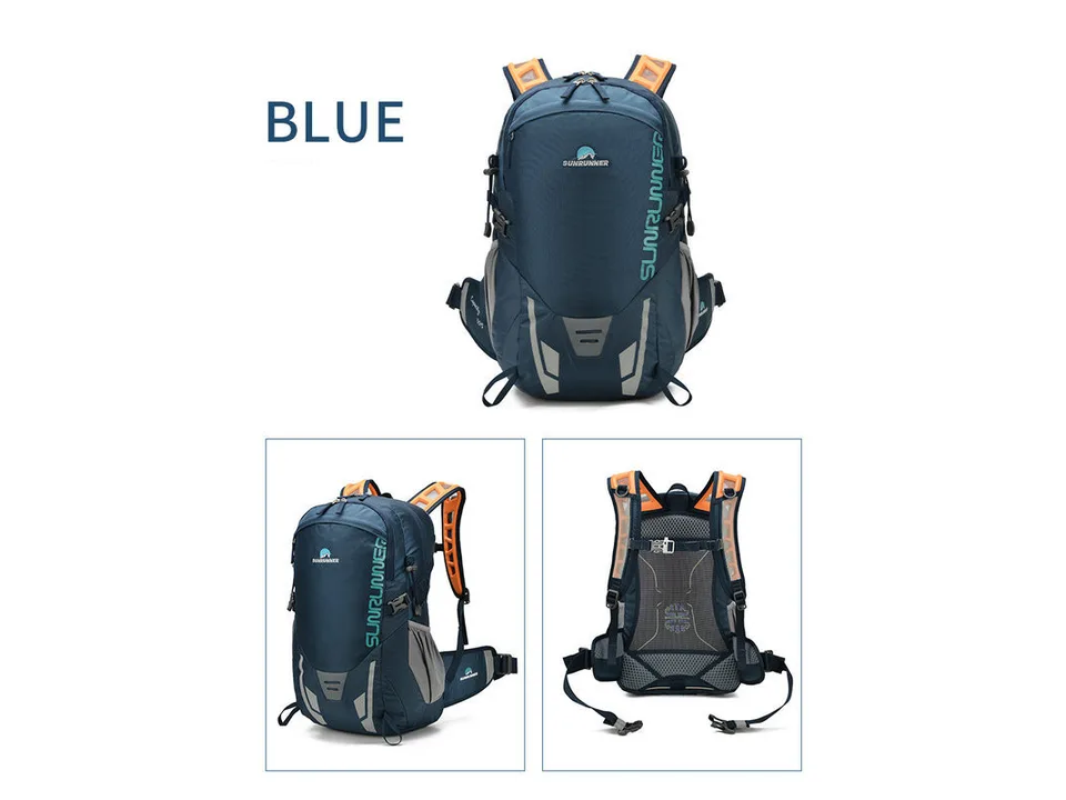 Blue outdoor backpack shown from the front, side, and back, highlighting the mesh back panel and straps.