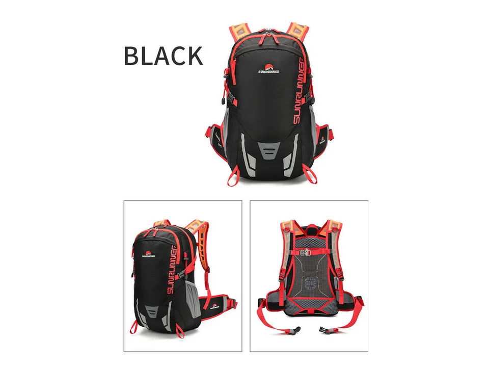 Black outdoor backpack shown from the front, side, and back, highlighting the mesh back panel and straps.
