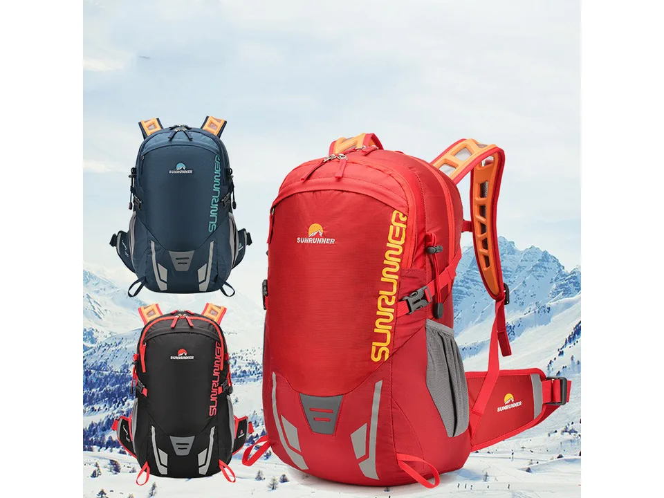 Three outdoor backpacks in red, blue, and black displayed against a snowy mountain background.