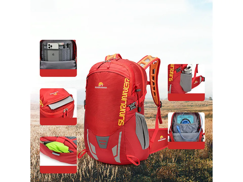 Close-up views of the backpack's interior pockets, side water bottle holder, and hydration bladder compartment.