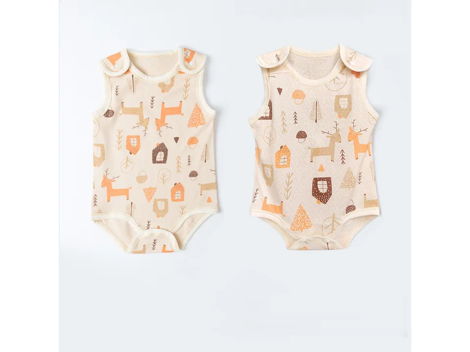 Two sleeveless baby rompers with a forest and deer print displayed side by side.