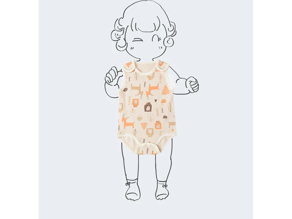 A sleeveless baby romper with a forest and deer print on a stylized baby outline.