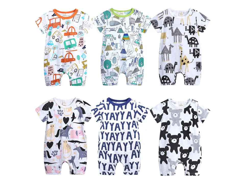 A collection of six different baby rompers with various colorful patterns.
