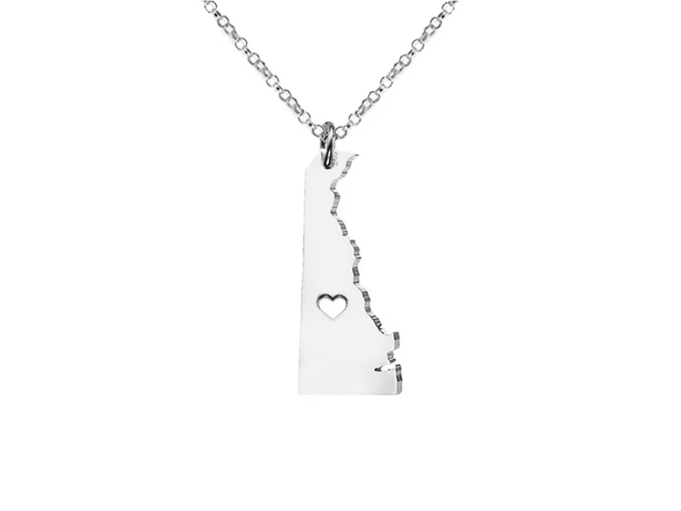 Silver Delaware state map pendant necklace with a heart cutout.