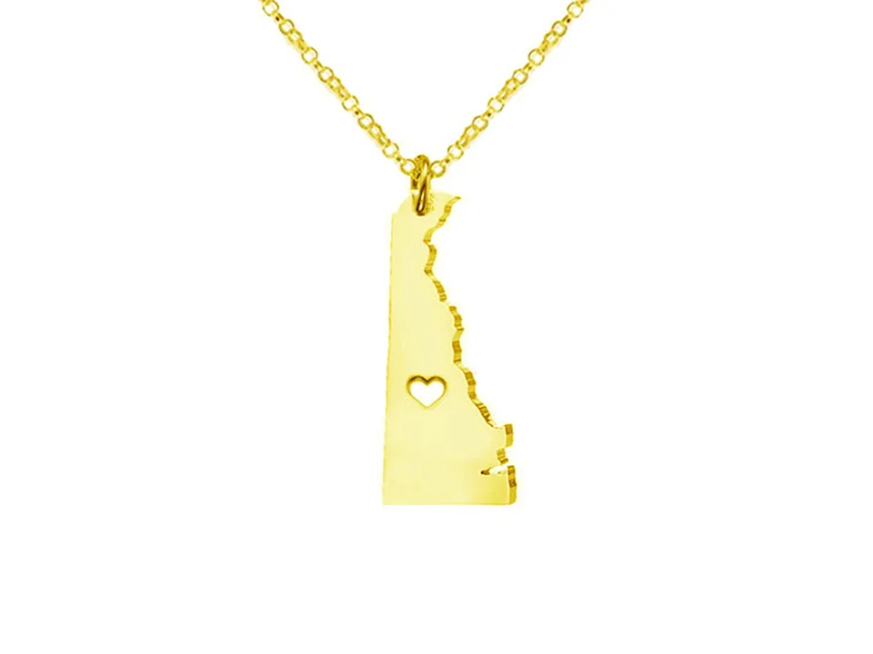 Gold Delaware state map pendant necklace with a heart cutout.