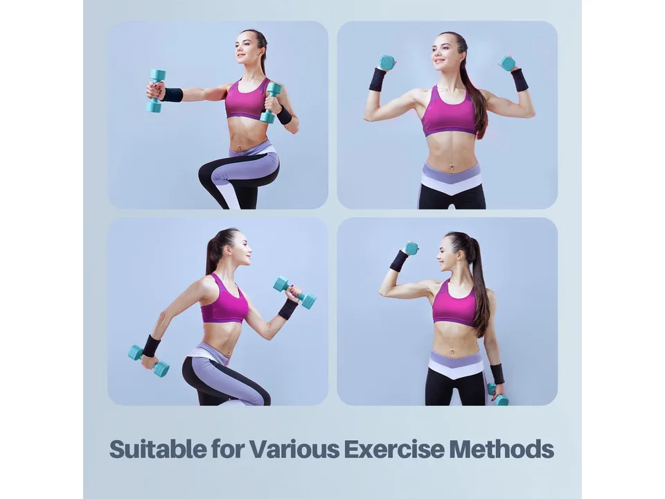 A woman performing various exercises with the adjustable dumbbells.
