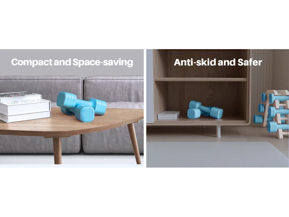 Adjustable dumbbells resting on a coffee table and inside a wooden shelf.