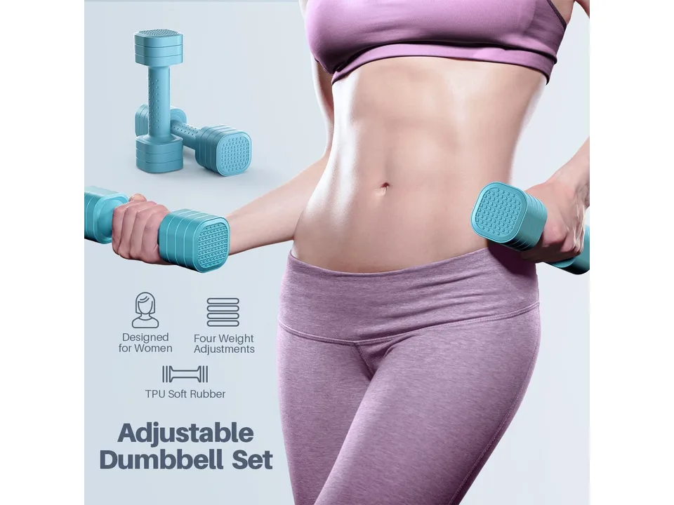 A woman holding adjustable dumbbells with icons highlighting product features.