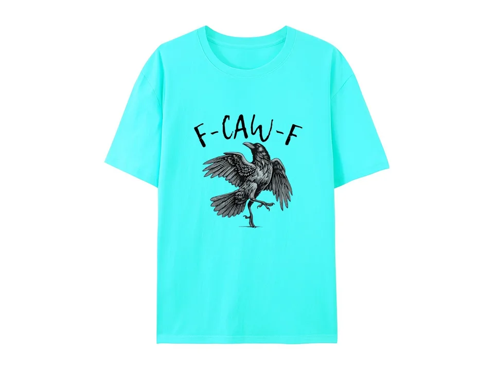 A light blue t-shirt with a graphic print of a crow and the text F-CAW-F.