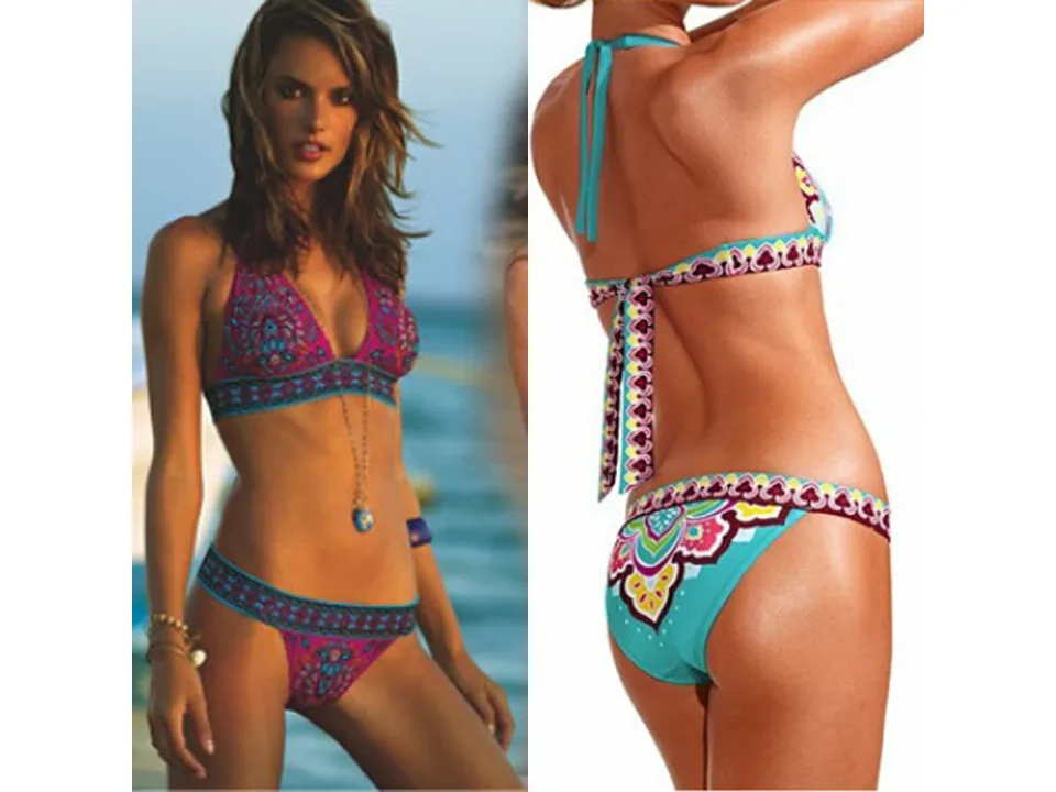 Model wearing the ethnic print bikini set, showing front and back views.