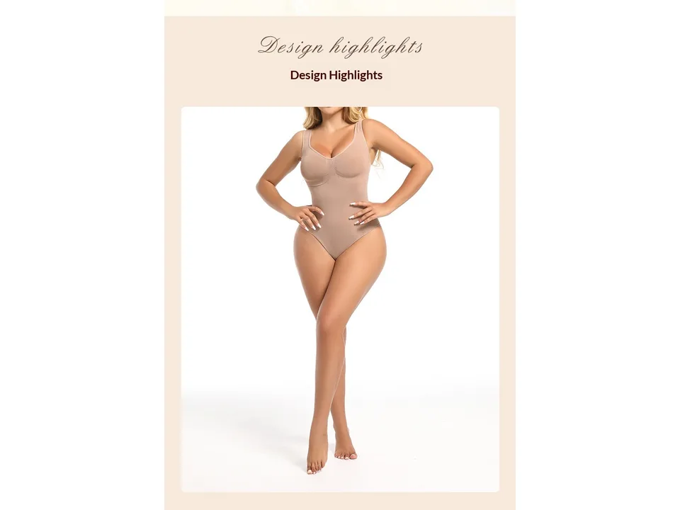 Full-body view of a model wearing a beige seamless shapewear bodysuit.