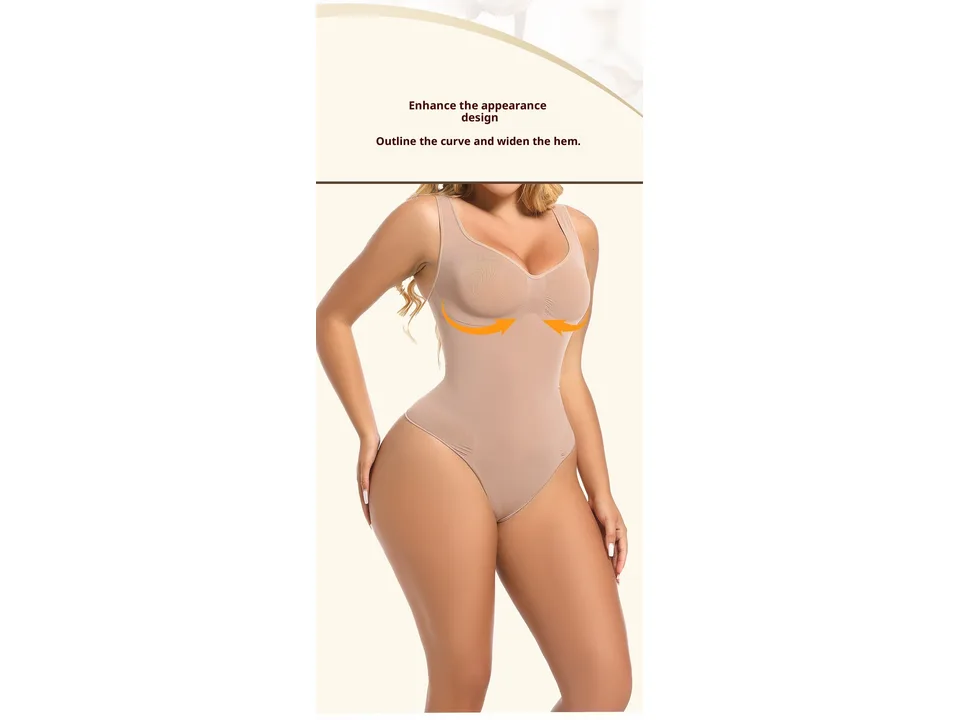 Model wearing a beige seamless shapewear bodysuit, highlighting chest support.