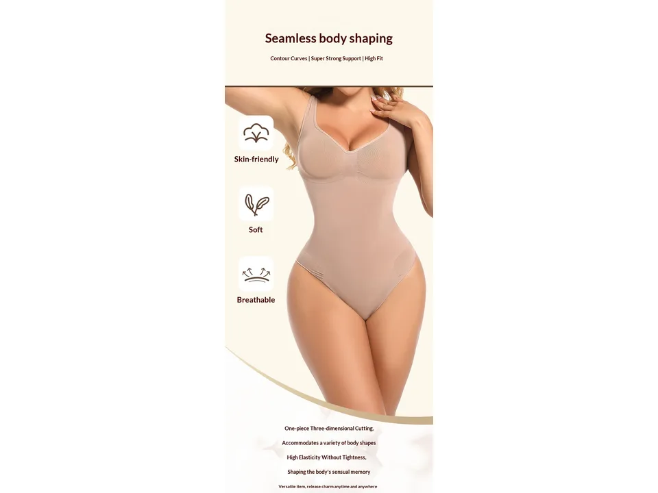 Model wearing shapewear bodysuit with icons indicating skin-friendly, soft, and breathable fabric.