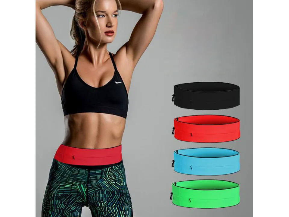 A woman wearing a red running belt, with four different colored belts displayed next to her.