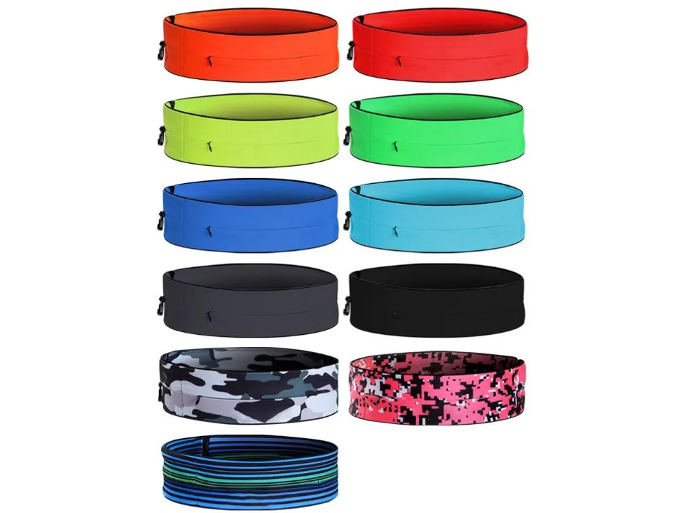 A collection of running belts in various solid colors and patterns.