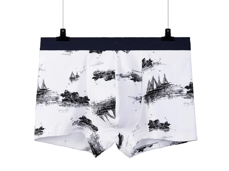 White boxer briefs with a sailboat and landscape pattern hanging on a hanger.