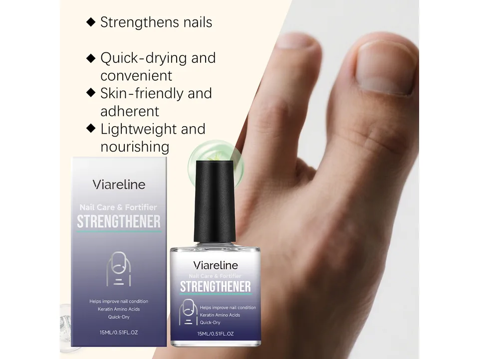Nail strengthener bottle and box with a list of benefits and a close-up of a toe.