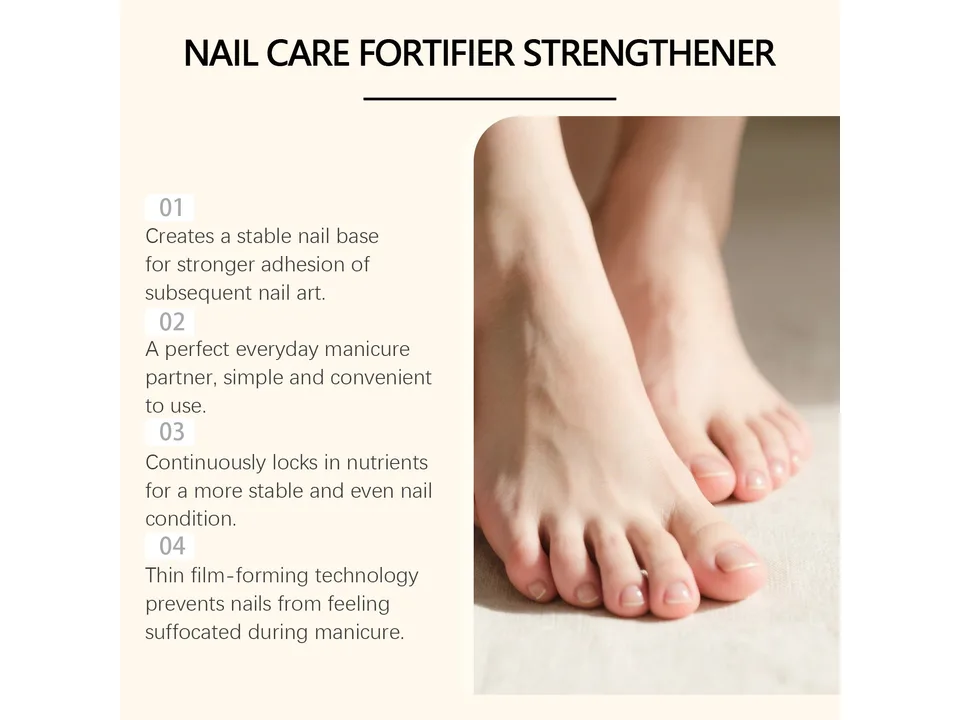 Nail care fortifier benefits list with a photo of healthy feet.