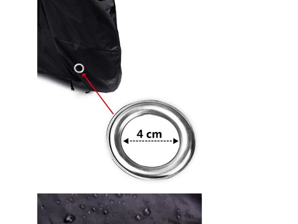 Close-up of the metal eyelet on the bike cover with a 4 cm measurement indicator.