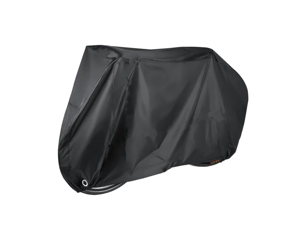 A black bicycle cover fully protecting a bike.