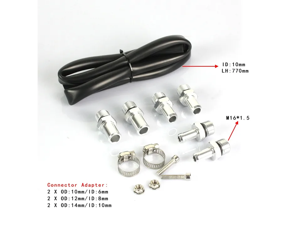 Oil catch can installation kit including hose, fittings, clamps, and bolts.