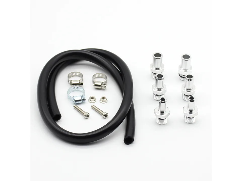 Assorted fittings, hose clamps, bolts, and rubber hose for oil catch can.