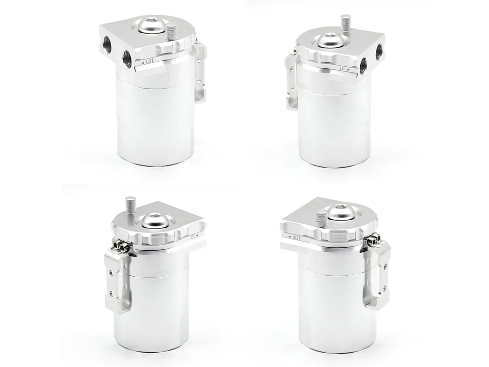 Silver oil catch can shown from four different angles.