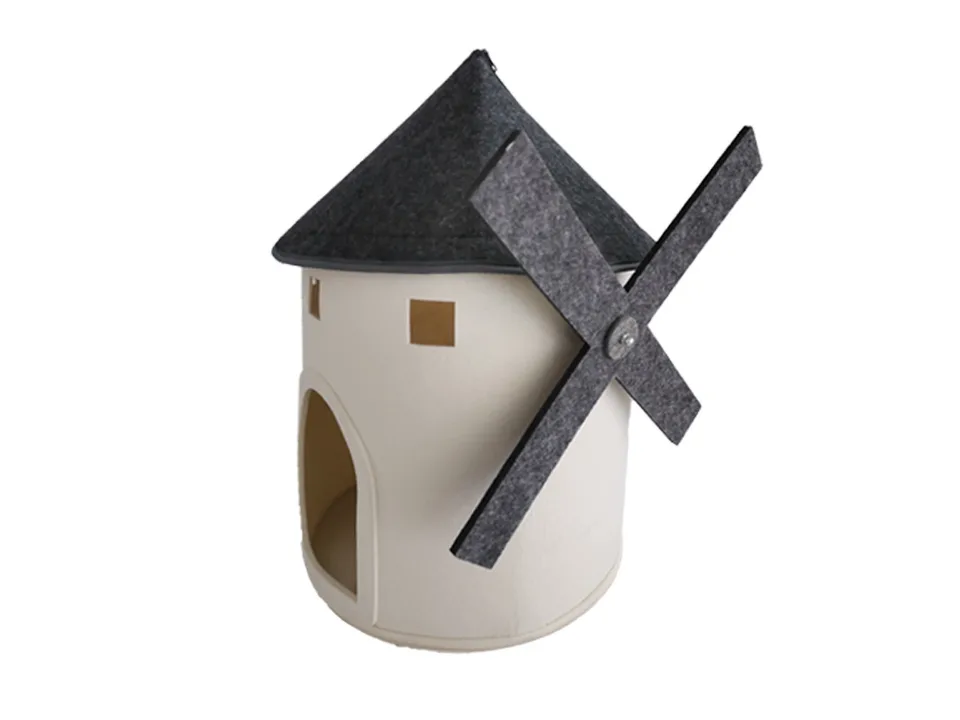 The assembled windmill-shaped cat bed house.