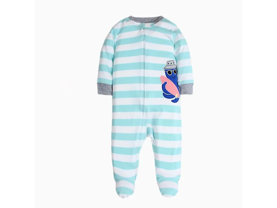 Blue and white striped baby onesie with an octopus graphic.