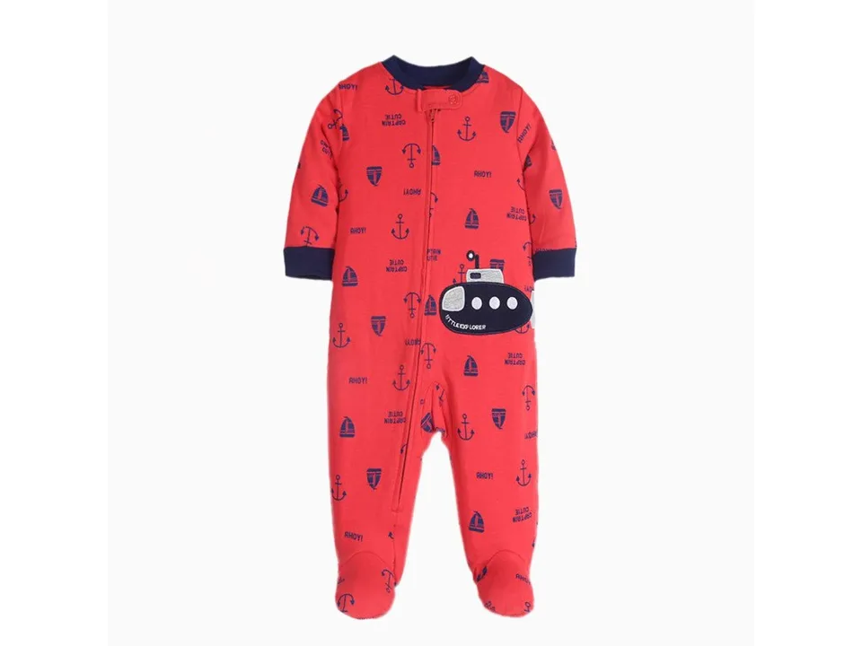 Red baby onesie with a submarine graphic and anchor pattern.