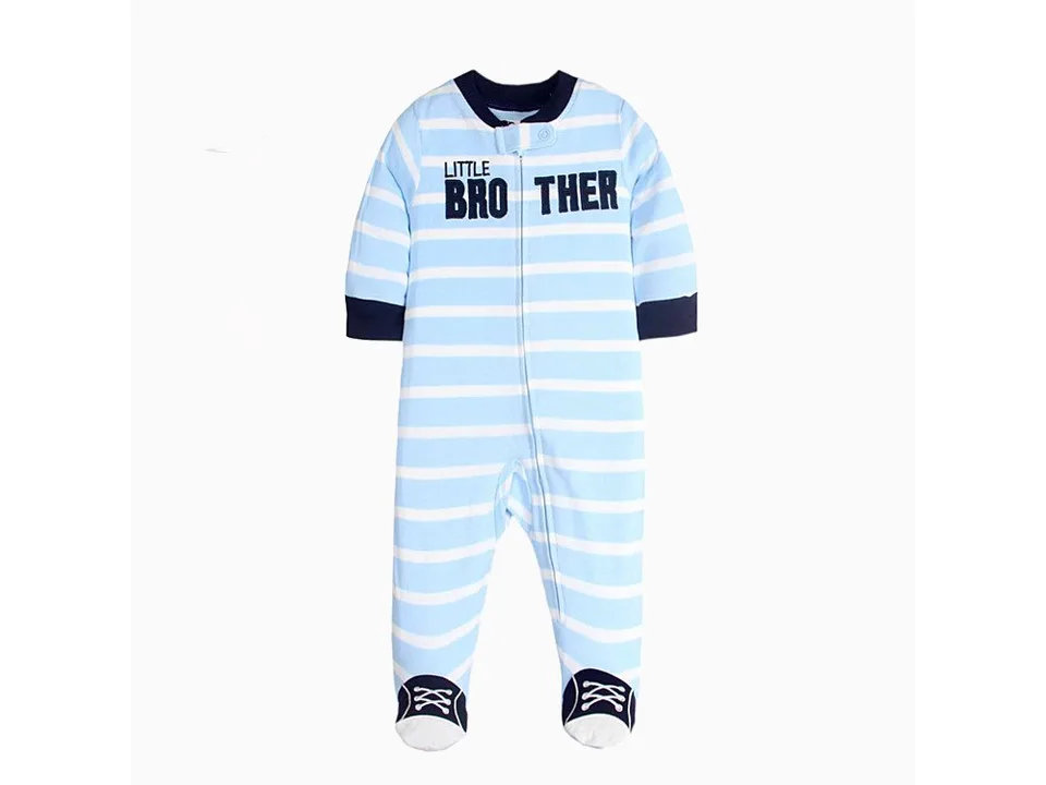 Blue and white striped baby onesie with 'Little Brother' text and shoe graphics on the feet.
